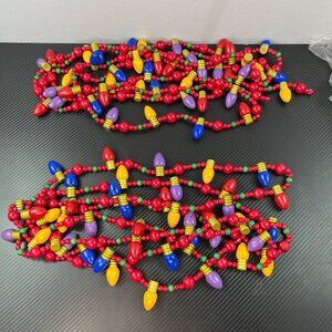 VTG 80’s Wood Bead & Christmas Light Bulb Shaped Garland Multi-Color 23 Ft Total